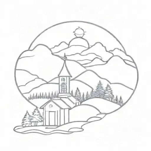 church, mountains, sunrise, pine trees, back home in kentucky,  tattoo design idea