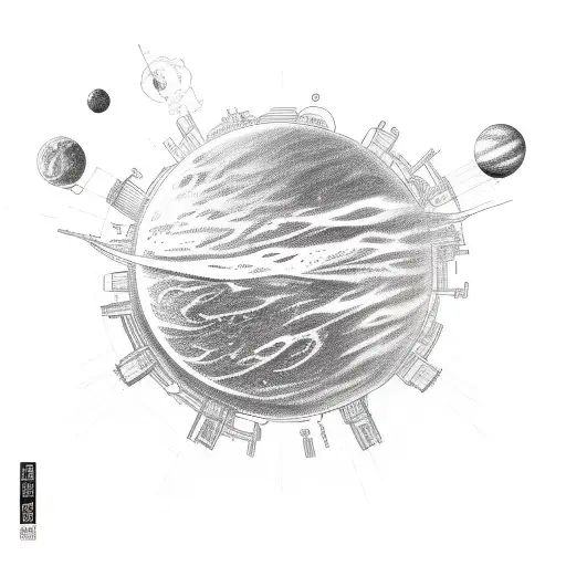 a planet on certer with two hands touching it and a string conecting the hands tattoo design idea