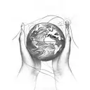 a planet on certer with two hands touching it and a string conecting the hands tattoo design idea