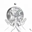 a planet on certer with two hands touching it and a string conecting the hands tattoo design idea