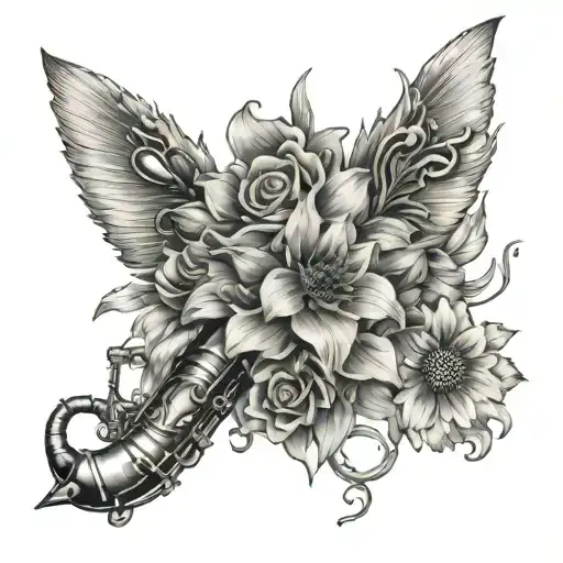 Euphonium, metal gear, orchids, and sunflower blooming tattoo design idea