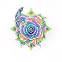 neon roses, music staff and notes, 9mm pistol, clock with the numbers 260189, angel wings and filigree tattoo design idea