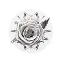 neon roses, music staff and notes, 9mm pistol, clock with the numbers 260189, angel wings and filigree tattoo design idea