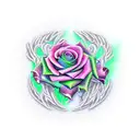 neon roses, music staff and notes, 9mm pistol, clock with the numbers 260189, angel wings and filigree tattoo design idea