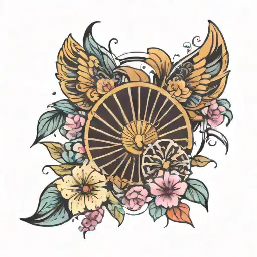 Fan and flowers tattoo design idea