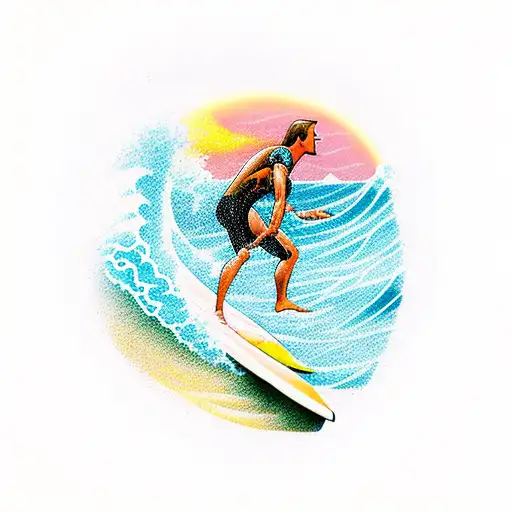 A surfer riding a giant wave with a sunset in the background tattoo design idea