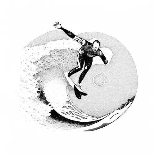 A surfer riding a giant wave with a sunset in the background tattoo design idea