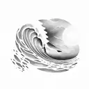 A surfer riding a giant wave with a sunset in the background tattoo design idea