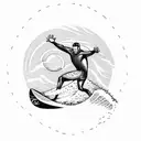 A surfer riding a giant wave with a sunset in the background tattoo design idea