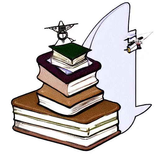 A stack of books with a compass and airplane, symbolizing the love for reading and traveling tattoo design idea