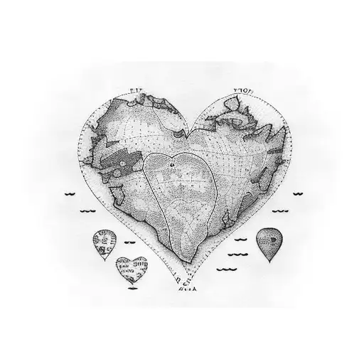 A dotwork tattoo of a map with a heart marking all the places the client has traveled to, combined with a bookshelf full of favorite books tattoo design idea