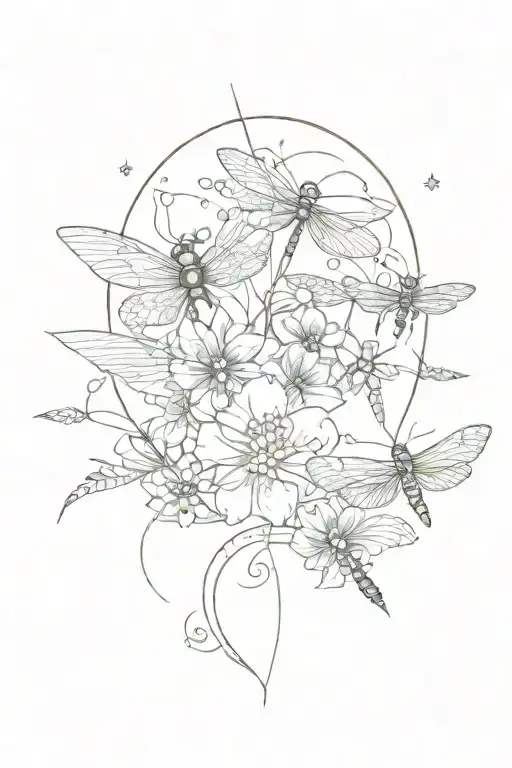 Gemini, moon, flower, dragonfly, flower tattoo design idea