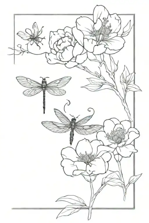 Gemini, moon, peony, dragonfly, flower tattoo design idea