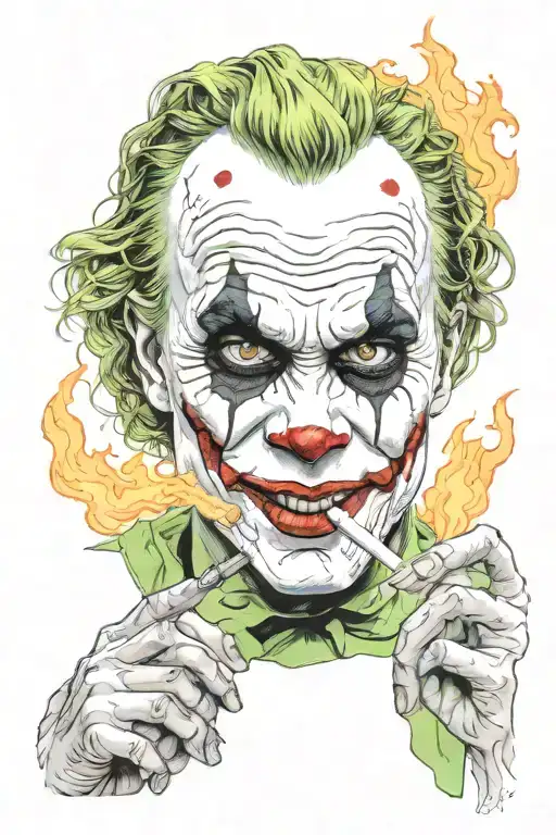 Heath Ledger Joker igniting cigarette from the flames of a burning house tattoo design idea