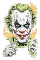 Heath Ledger Joker igniting cigarette from the flames of a burning house tattoo design idea