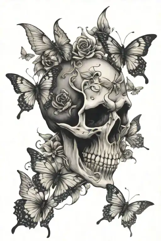 Demon skull butterflies flying tattoo design idea