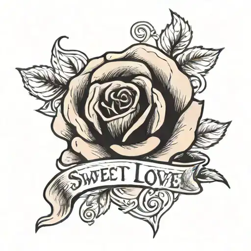 Black and beige rose interwoven with a gothic inscription that spells out "sweet love" tattoo design idea
