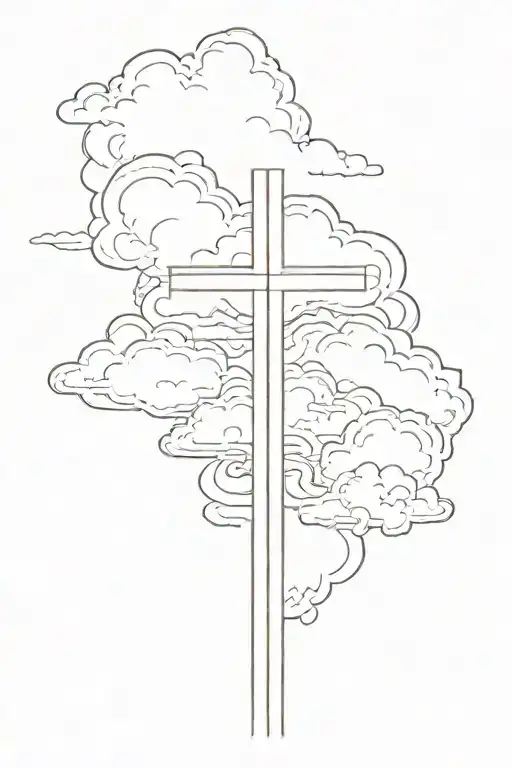 Simple Black Christian Cross With heavenly clouds all behind It, John 3:17 Bible Verse written At The Bottom" tattoo design idea