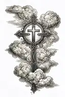 Simple Black Cross With heavenly clouds behind It, John 3:17 Bible Verse written At The Bottom" tattoo design idea