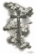 Simple Black Cross With heavenly clouds behind It, John 3:17 Bible Verse written At The Bottom" tattoo design idea