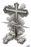 Simple Black Christian Cross With heavenly clouds all behind It, John 3:17 Bible Verse written At The Bottom" tattoo design idea