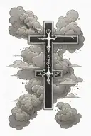 Simple Black Christian Cross With heavenly clouds all behind It, John 3:17 Bible Verse written At The Bottom" tattoo design idea