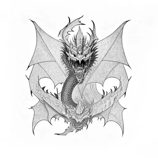 black dragon with sharp scales open wings and green eyes tattoo design idea