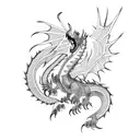 black dragon with sharp scales open wings and green eyes tattoo design idea