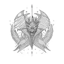 black dragon with sharp scales open wings and green eyes tattoo design idea