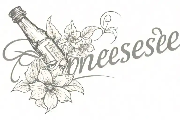 the word Tennessee with flowers coming out of the word and a whiskey bottle next to it. this is a small tattoo on my arm tattoo design idea