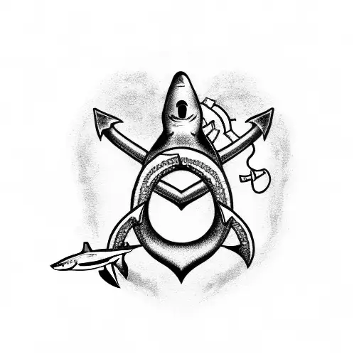 A heart-shaped anchor with a shark swimming through it tattoo design idea