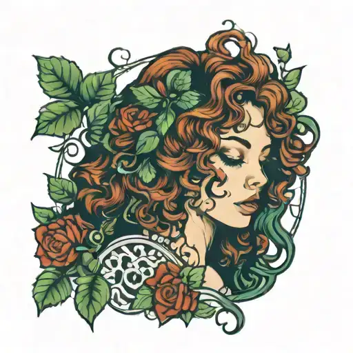 girl with curly red hair wearing ivy tattoo design idea