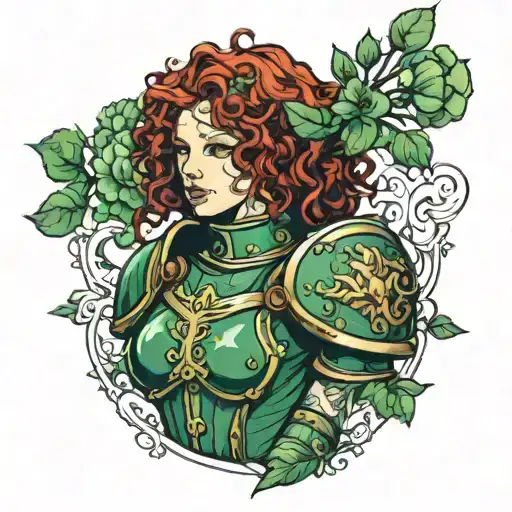 girl with curly red hair wearing green chest plate armor tattoo design idea