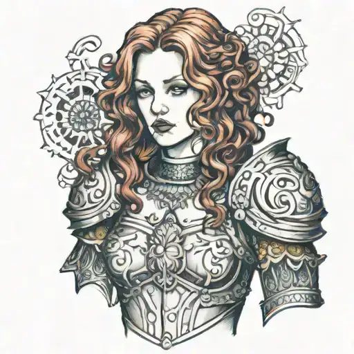 girl with curly red hair wearing lacey chest plate armor tattoo design idea