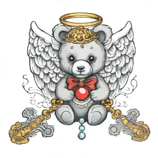 Teddy Bear with Rosary Cross and angel wings tattoo design idea