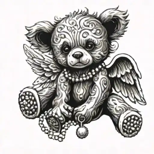 Teddy Bear with Rosary Cross and angel wings tattoo design idea
