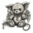 Teddy Bear with Rosary Cross and angel wings tattoo design idea