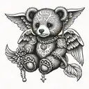 Teddy Bear with Rosary Cross and angel wings tattoo design idea
