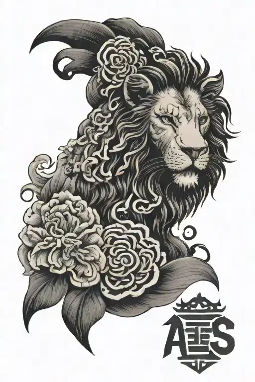 black and white front lion face with the AGS letters on it tattoo design idea