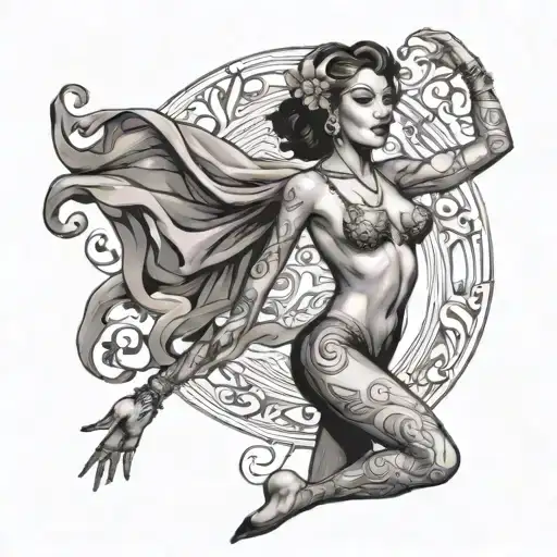 a young, dancing, nude, burlesque dancer tattoo design idea