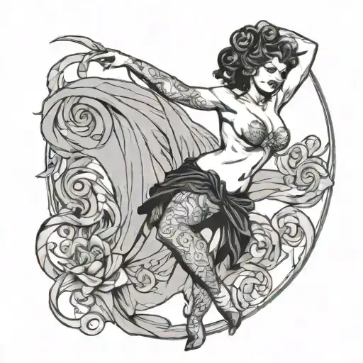 a standing, nude, burlesque dancer tattoo design idea