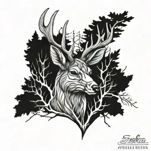 Cute deer head with trees tattoo design idea