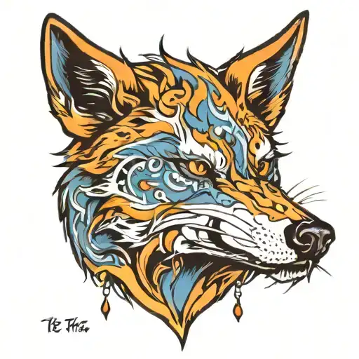mean wolf with blue eyes like fire, text "let them" tattoo design idea