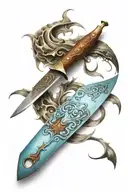 Cooking knife with octagon handle. Handle bottom half is brown and top half light blue. tattoo design idea