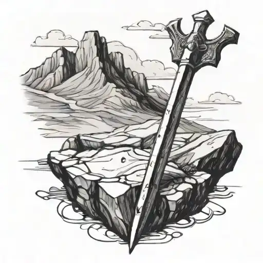 brush sketch of a claymore stuck into a stone and mountains in the background tattoo design idea