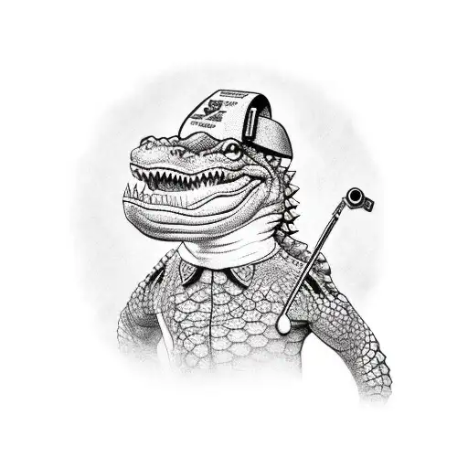 Cartoon joyful crocodile doctor on a monochrome beige background, in a medical cap with a syringe in his hands tattoo design idea