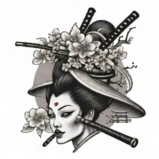 A traditional Japanese geisha with a smoking pipe, surrounded by cherry blossom trees and skulls tattoo design idea