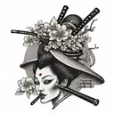 A traditional Japanese geisha with a smoking pipe, surrounded by cherry blossom trees and skulls tattoo design idea