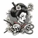 A traditional Japanese geisha with a smoking pipe, surrounded by cherry blossom trees and skulls tattoo design idea