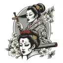A traditional Japanese geisha with a smoking pipe, surrounded by cherry blossom trees and skulls tattoo design idea